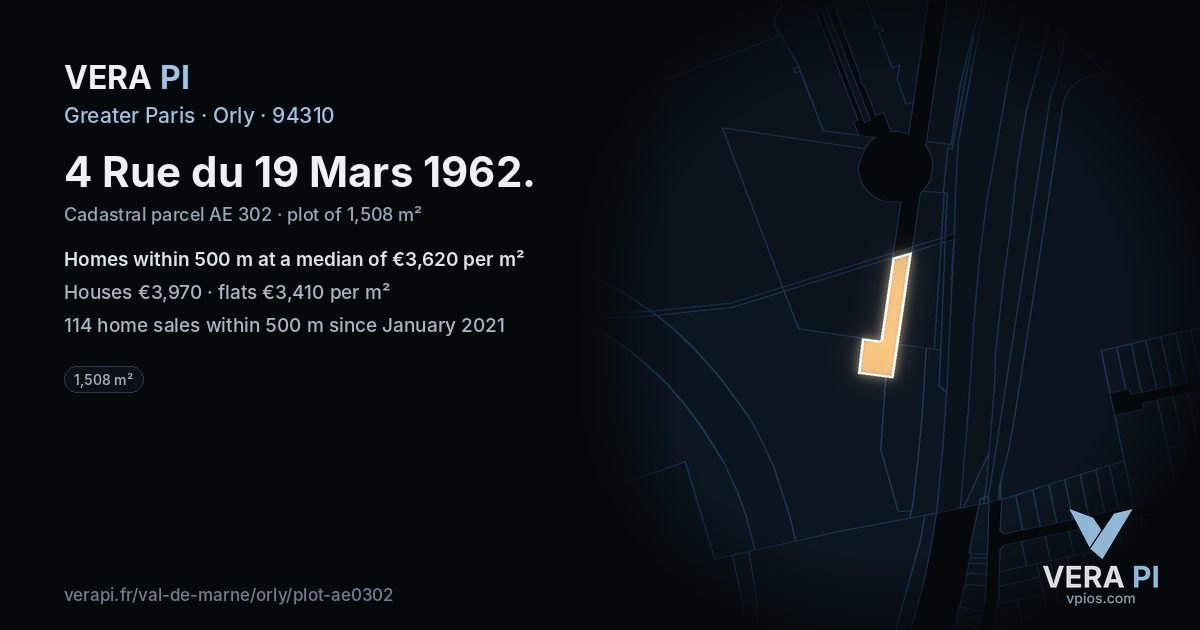 4 Rue du 19 Mars 1962, Orly at night – the plot lit, the parcels around coloured by the prices near them
