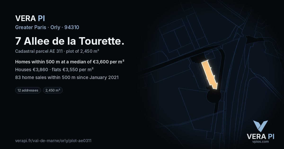 7 Allee de la Tourette, Orly at night – the plot lit, the parcels around coloured by the prices near them