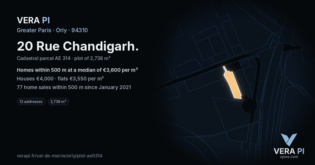 20 Rue Chandigarh, Orly at night – the plot lit, the parcels around coloured by the prices near them