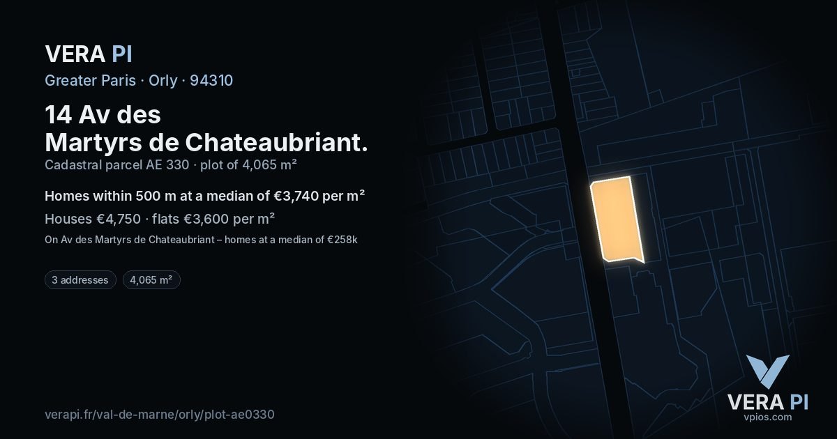 14 Av des Martyrs de Chateaubriant, Orly at night – the plot lit, the parcels around coloured by the prices near them