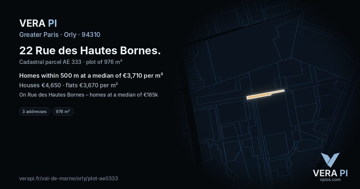 22 Rue des Hautes Bornes, Orly at night – the plot lit, the parcels around coloured by the prices near them