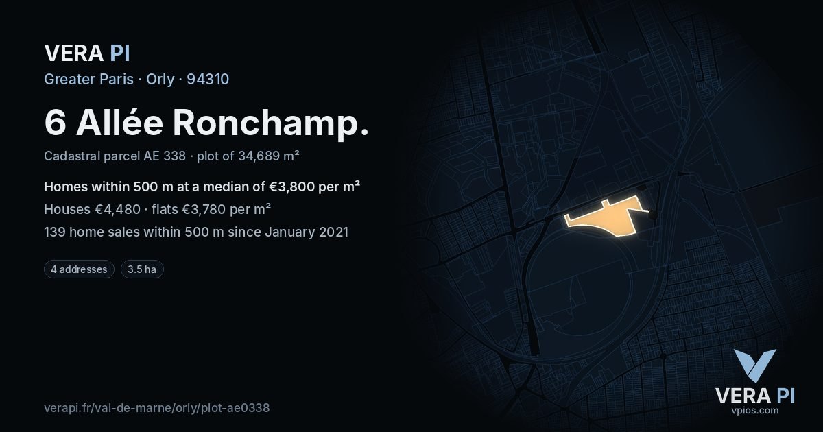 6 Allée Ronchamp, Orly at night – the plot lit, the parcels around coloured by the prices near them