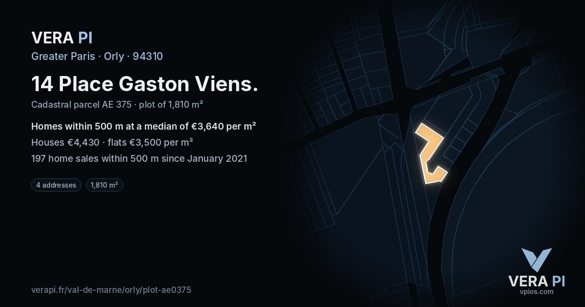 14 Place Gaston Viens, Orly at night – the plot lit, the parcels around coloured by the prices near them