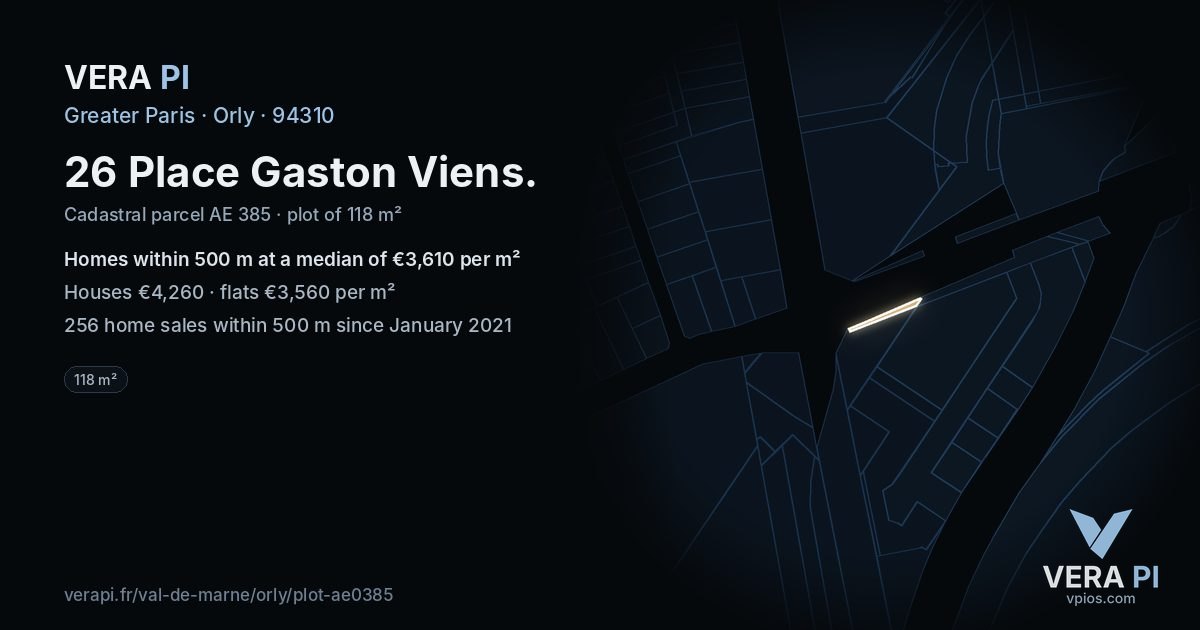 26 Place Gaston Viens, Orly at night – the plot lit, the parcels around coloured by the prices near them