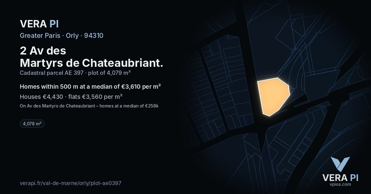 2 Av des Martyrs de Chateaubriant, Orly at night – the plot lit, the parcels around coloured by the prices near them