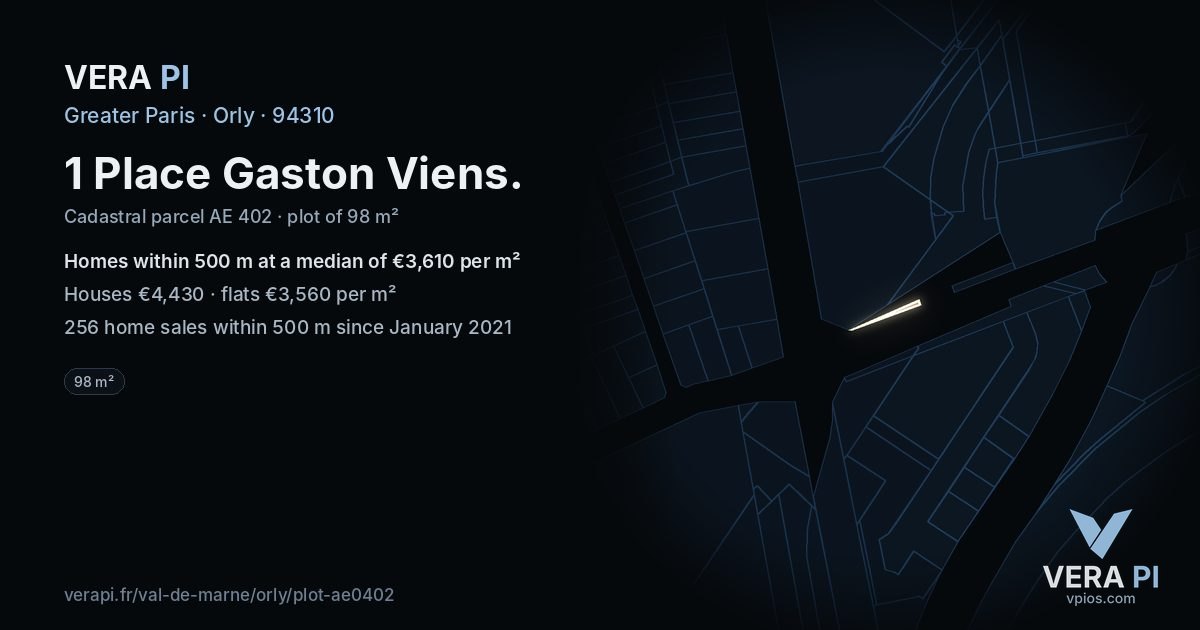 1 Place Gaston Viens, Orly at night – the plot lit, the parcels around coloured by the prices near them