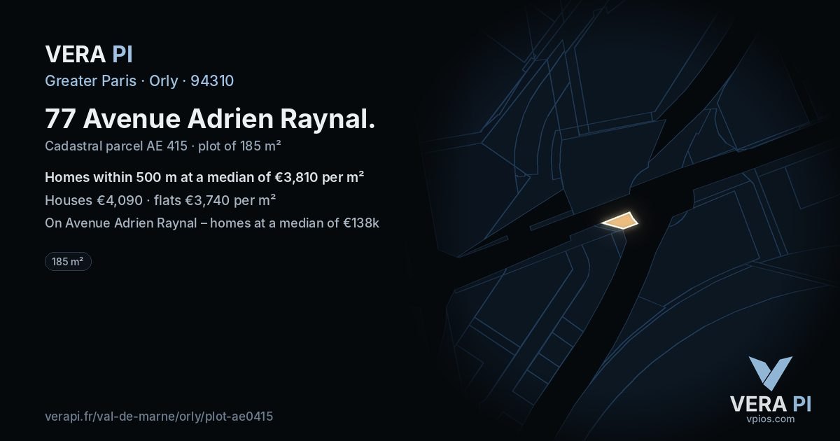 77 Avenue Adrien Raynal, Orly at night – the plot lit, the parcels around coloured by the prices near them