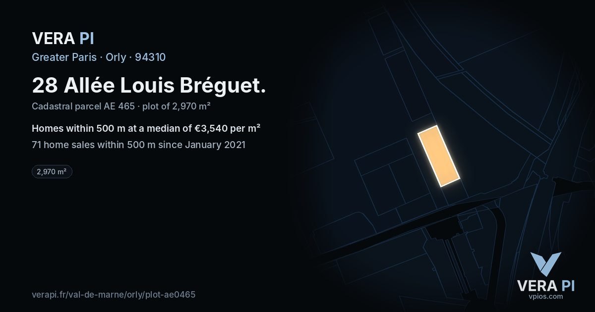 28 Allée Louis Bréguet, Orly at night – the plot lit, the parcels around coloured by the prices near them