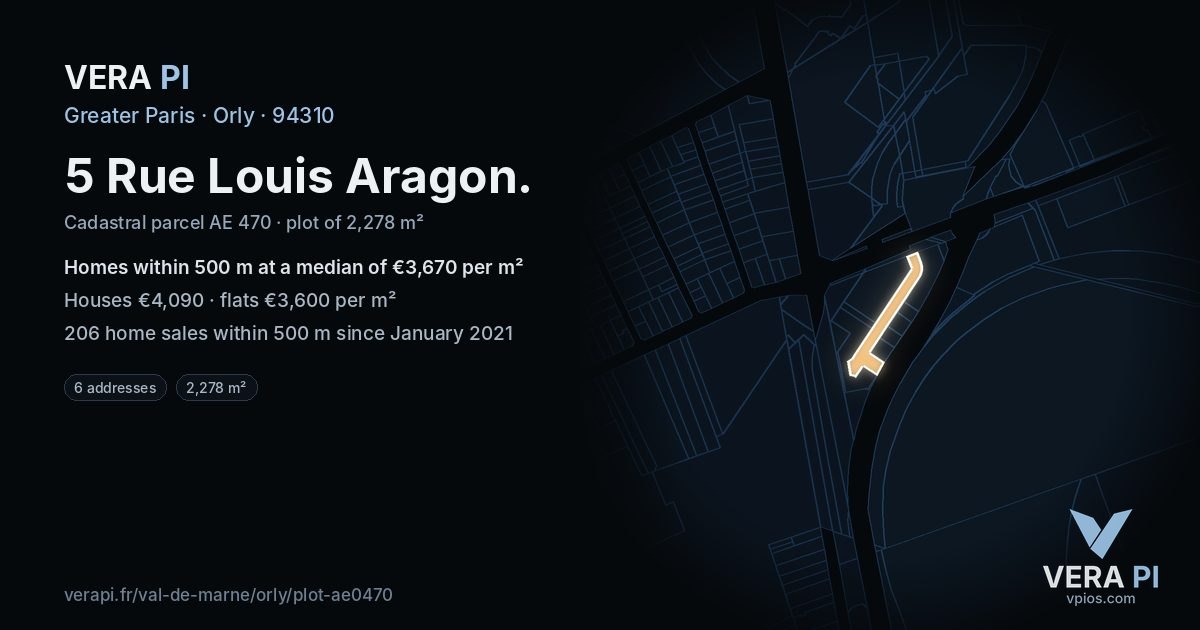 5 Rue Louis Aragon, Orly at night – the plot lit, the parcels around coloured by the prices near them
