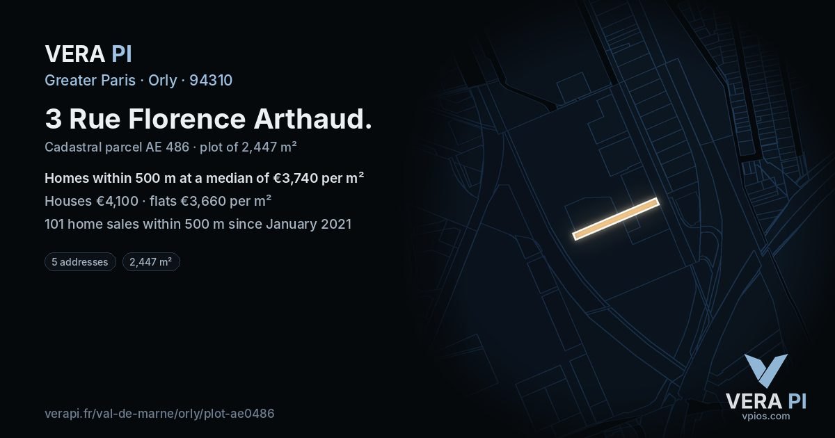 3 Rue Florence Arthaud, Orly at night – the plot lit, the parcels around coloured by the prices near them
