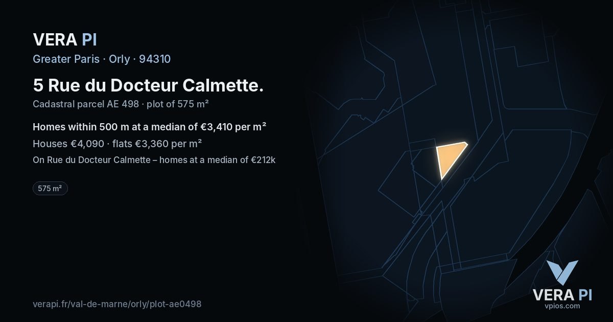5 Rue du Docteur Calmette, Orly at night – the plot lit, the parcels around coloured by the prices near them