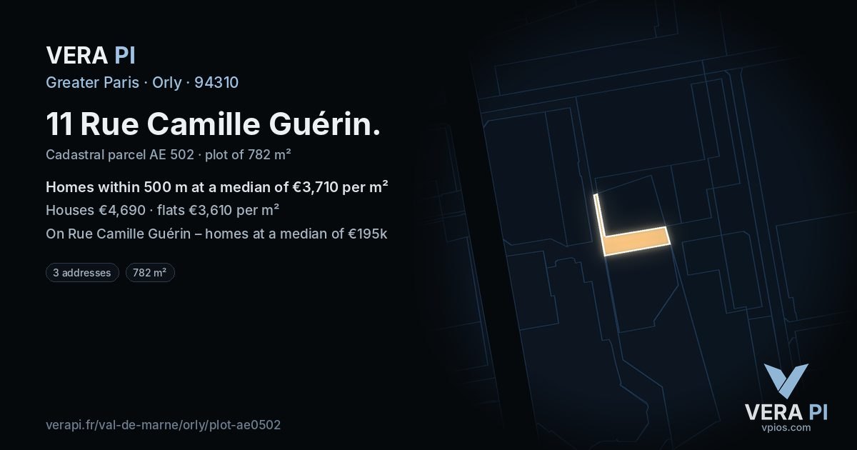 11 Rue Camille Guérin, Orly at night – the plot lit, the parcels around coloured by the prices near them
