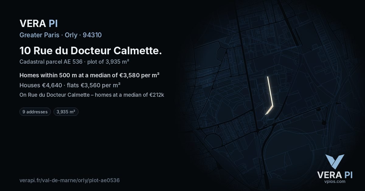 10 Rue du Docteur Calmette, Orly at night – the plot lit, the parcels around coloured by the prices near them