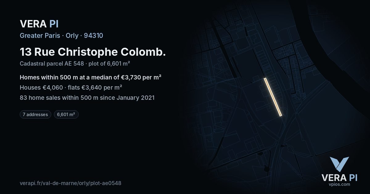 13 Rue Christophe Colomb, Orly at night – the plot lit, the parcels around coloured by the prices near them