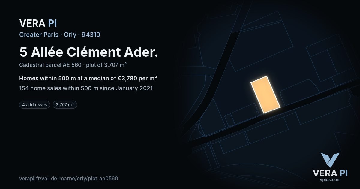 5 Allée Clément Ader, Orly at night – the plot lit, the parcels around coloured by the prices near them
