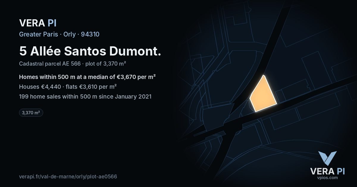 5 Allée Santos Dumont, Orly at night – the plot lit, the parcels around coloured by the prices near them