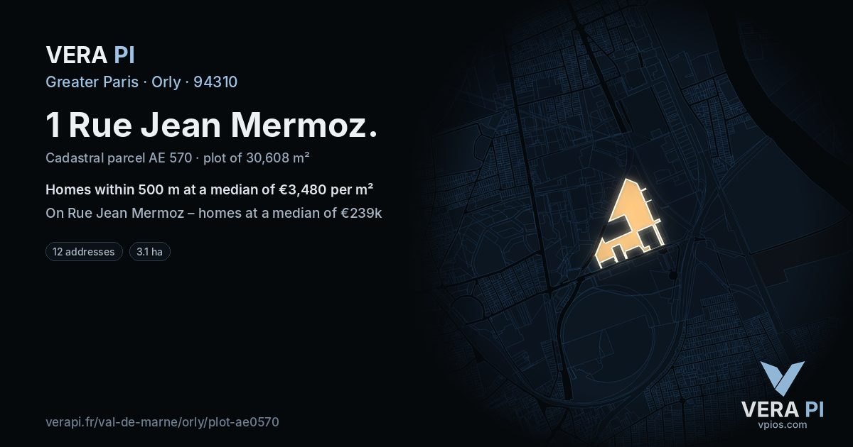 1 Rue Jean Mermoz, Orly at night – the plot lit, the parcels around coloured by the prices near them