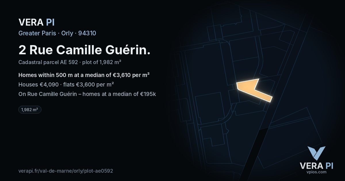 2 Rue Camille Guérin, Orly at night – the plot lit, the parcels around coloured by the prices near them