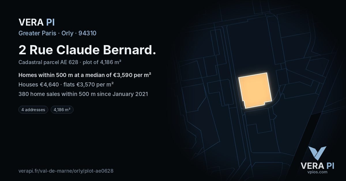 2 Rue Claude Bernard, Orly at night – the plot lit, the parcels around coloured by the prices near them