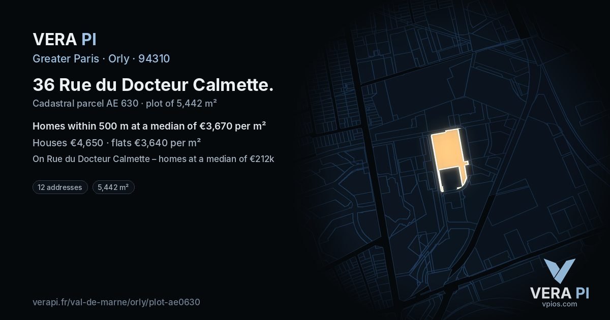 36 Rue du Docteur Calmette, Orly at night – the plot lit, the parcels around coloured by the prices near them