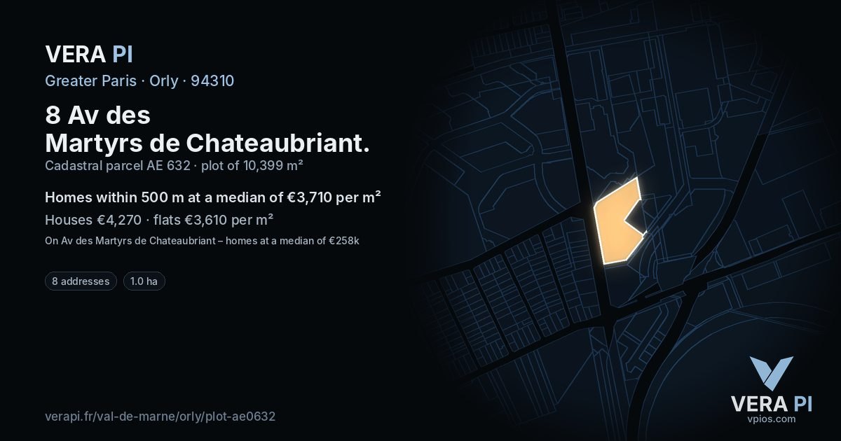 8 Av des Martyrs de Chateaubriant, Orly at night – the plot lit, the parcels around coloured by the prices near them