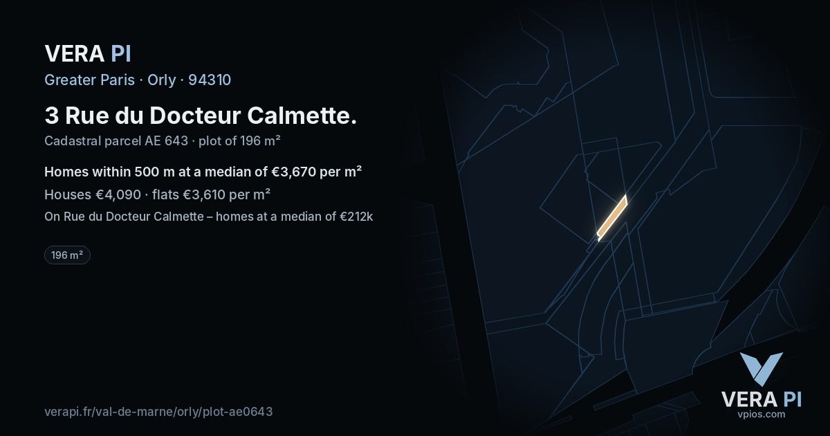3 Rue du Docteur Calmette, Orly at night – the plot lit, the parcels around coloured by the prices near them