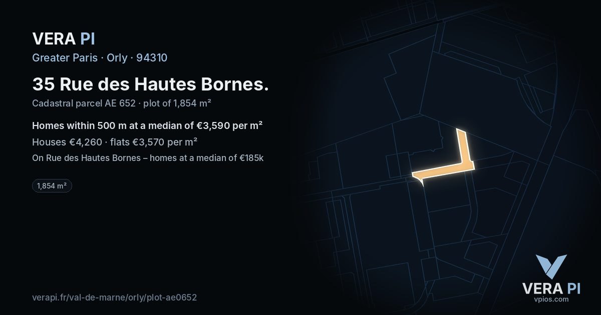 35 Rue des Hautes Bornes, Orly at night – the plot lit, the parcels around coloured by the prices near them