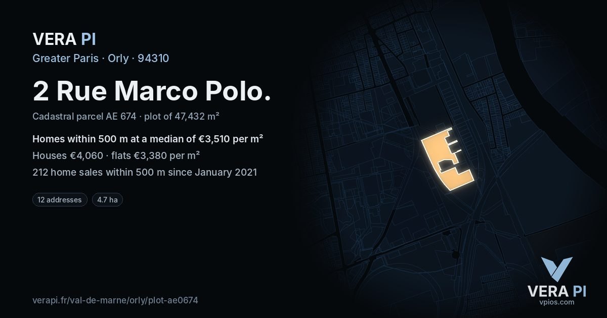 2 Rue Marco Polo, Orly at night – the plot lit, the parcels around coloured by the prices near them