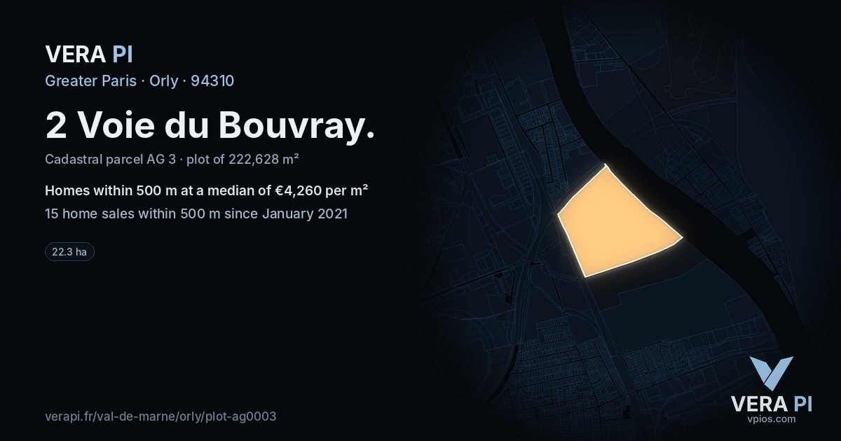 2 Voie du Bouvray, Orly at night – the plot lit, the parcels around coloured by the prices near them