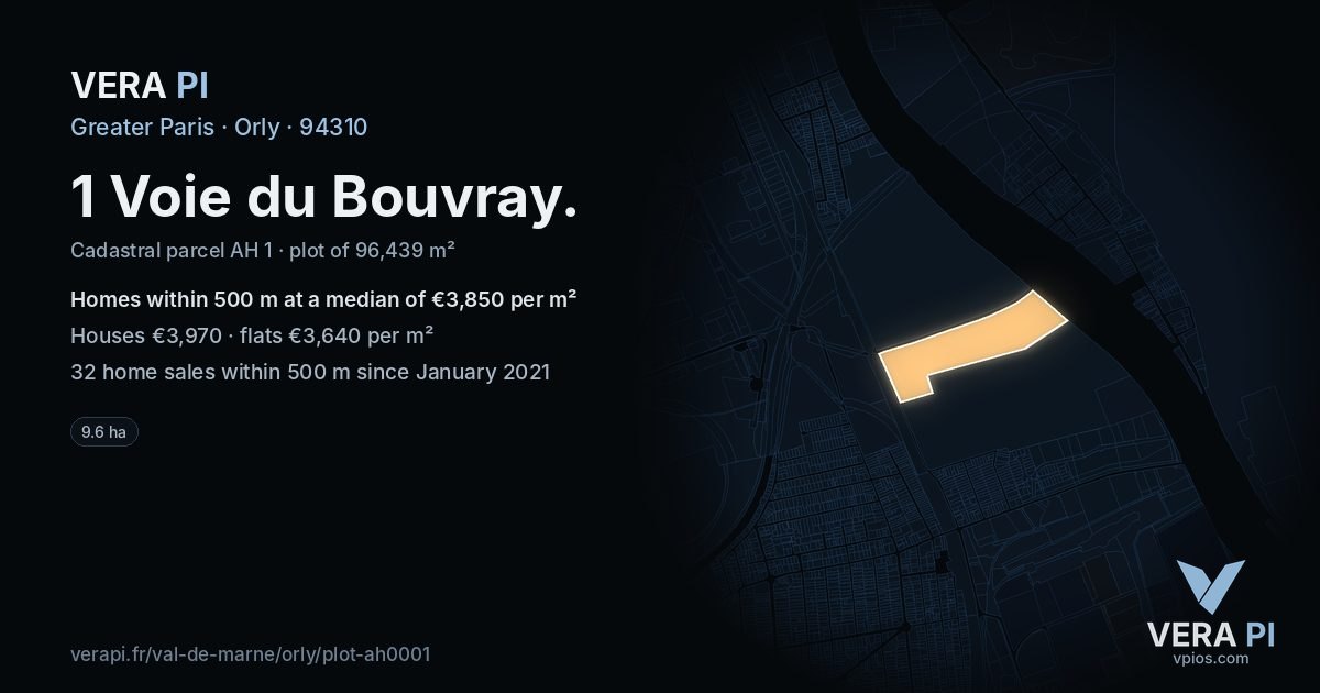 1 Voie du Bouvray, Orly at night – the plot lit, the parcels around coloured by the prices near them