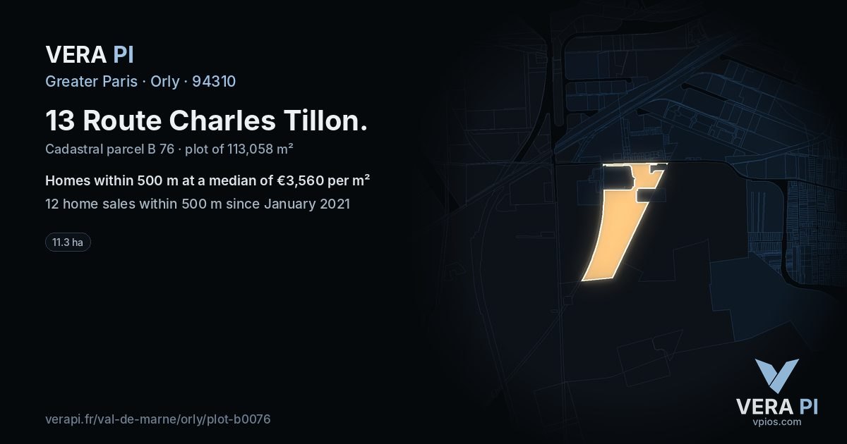 13 Route Charles Tillon, Orly at night – the plot lit, the parcels around coloured by the prices near them