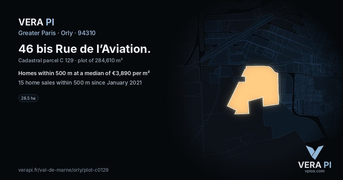46 bis Rue de l’Aviation, Orly at night – the plot lit, the parcels around coloured by the prices near them