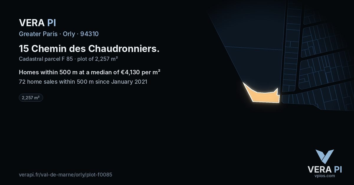 15 Chemin des Chaudronniers, Orly at night – the plot lit, the parcels around coloured by the prices near them