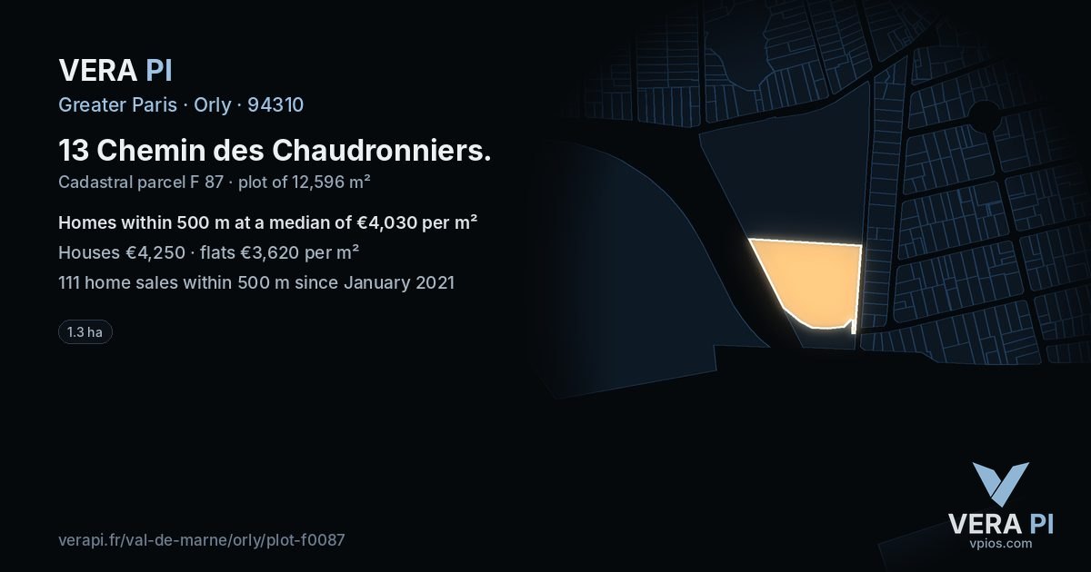 13 Chemin des Chaudronniers, Orly at night – the plot lit, the parcels around coloured by the prices near them