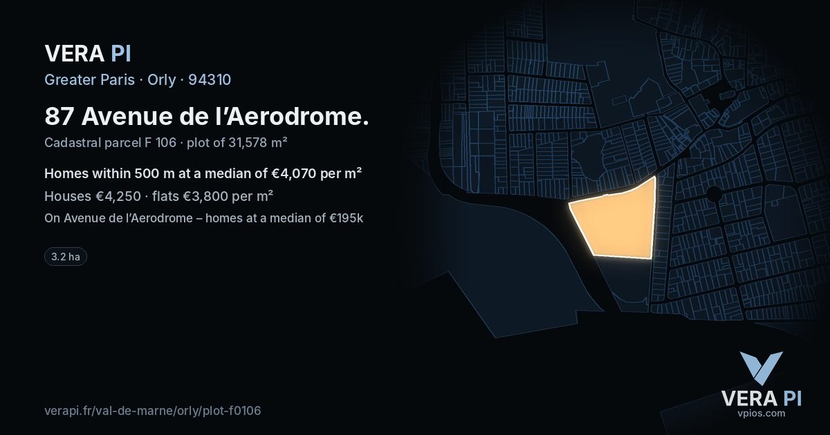 87 Avenue de l’Aerodrome, Orly at night – the plot lit, the parcels around coloured by the prices near them