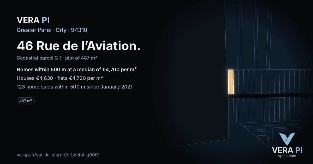 46 Rue de l’Aviation, Orly at night – the plot lit, the parcels around coloured by the prices near them
