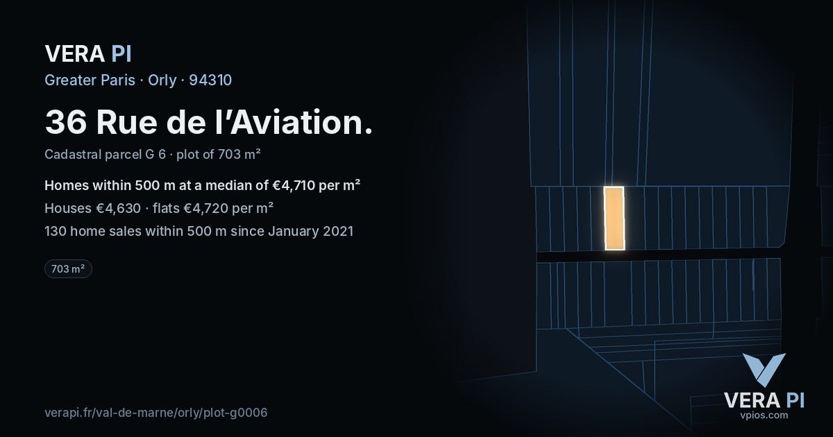 36 Rue de l’Aviation, Orly at night – the plot lit, the parcels around coloured by the prices near them
