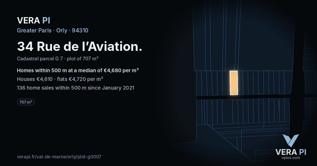 34 Rue de l’Aviation, Orly at night – the plot lit, the parcels around coloured by the prices near them