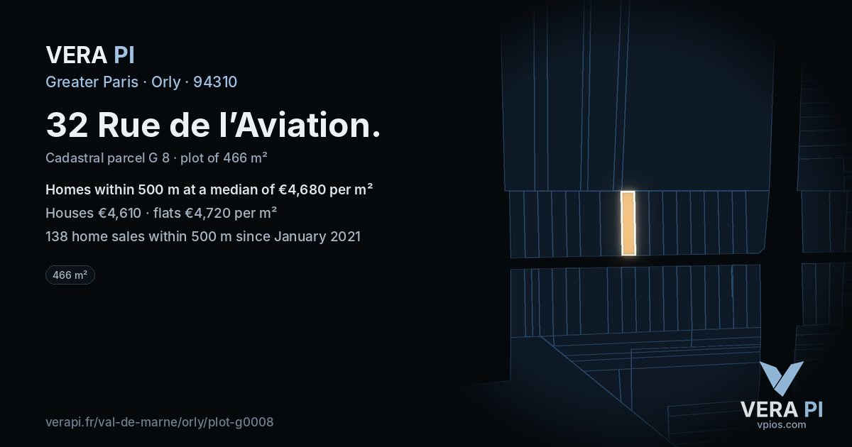 32 Rue de l’Aviation, Orly at night – the plot lit, the parcels around coloured by the prices near them