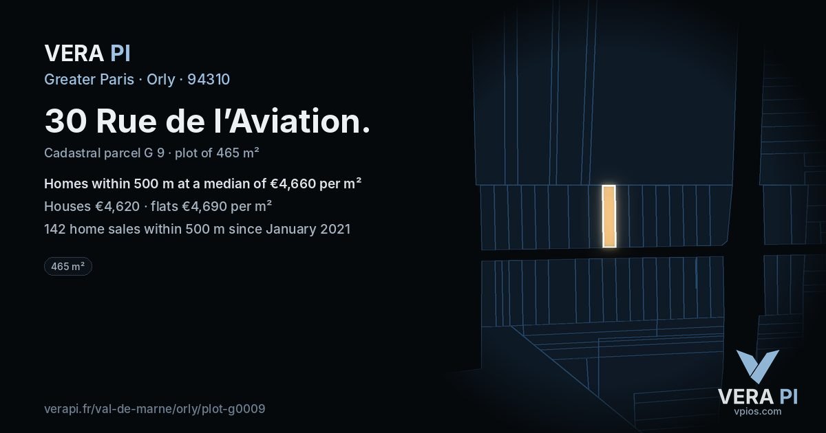 30 Rue de l’Aviation, Orly at night – the plot lit, the parcels around coloured by the prices near them