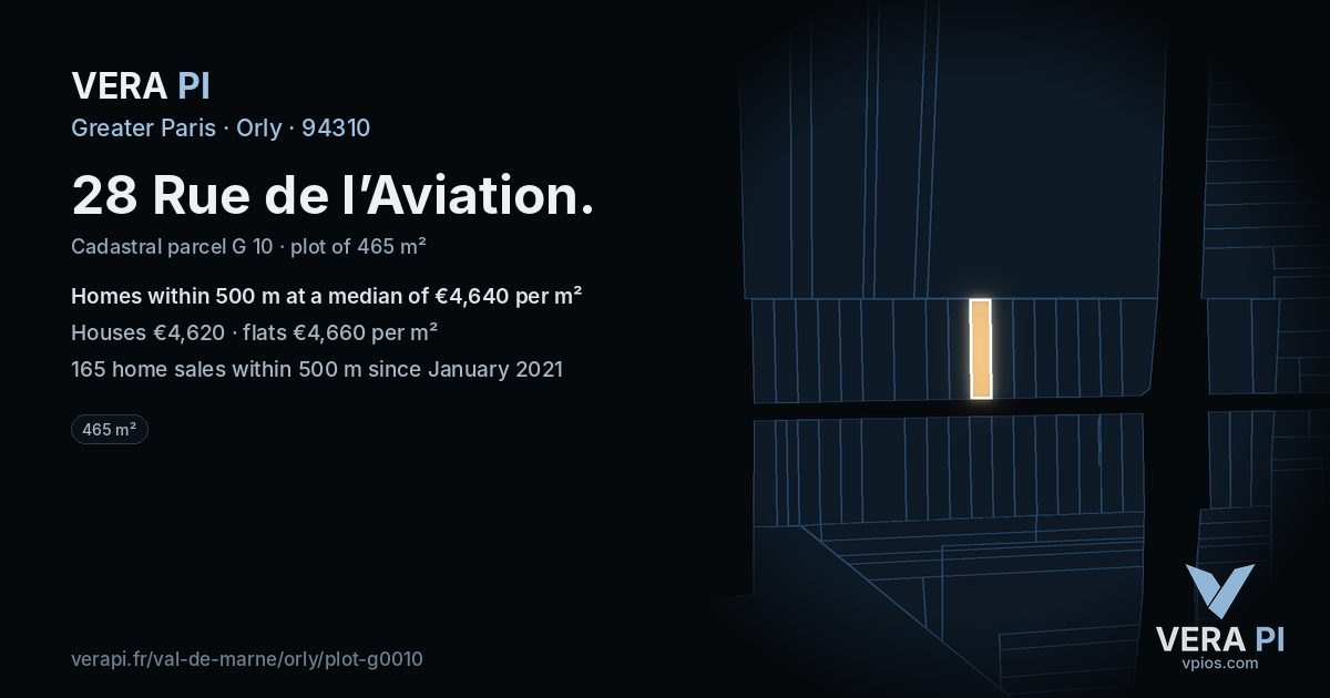 28 Rue de l’Aviation, Orly at night – the plot lit, the parcels around coloured by the prices near them
