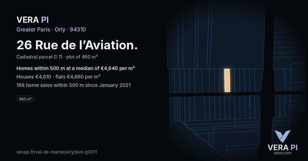 26 Rue de l’Aviation, Orly at night – the plot lit, the parcels around coloured by the prices near them