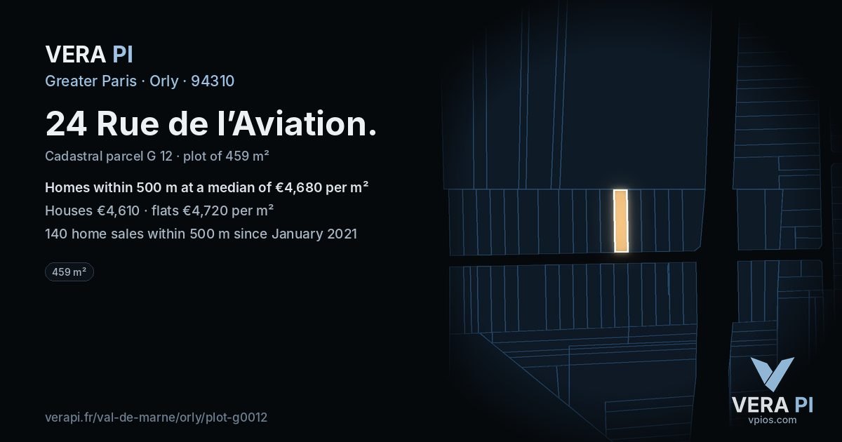 24 Rue de l’Aviation, Orly at night – the plot lit, the parcels around coloured by the prices near them