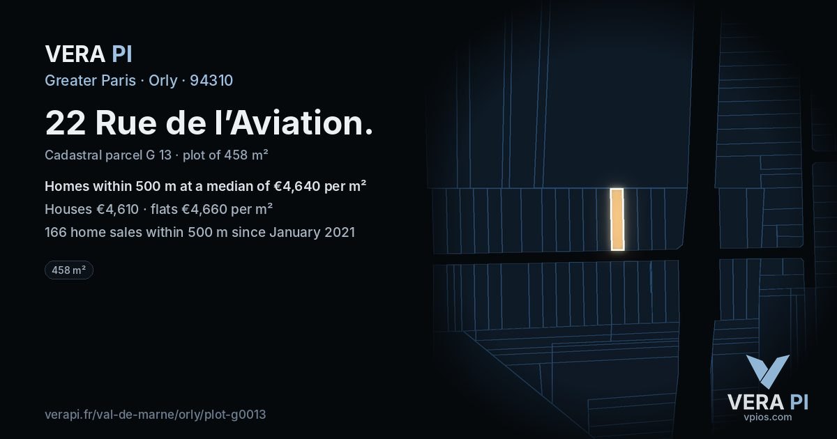 22 Rue de l’Aviation, Orly at night – the plot lit, the parcels around coloured by the prices near them