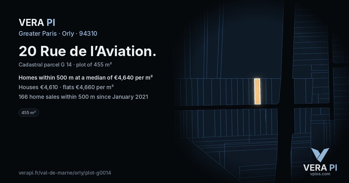 20 Rue de l’Aviation, Orly at night – the plot lit, the parcels around coloured by the prices near them