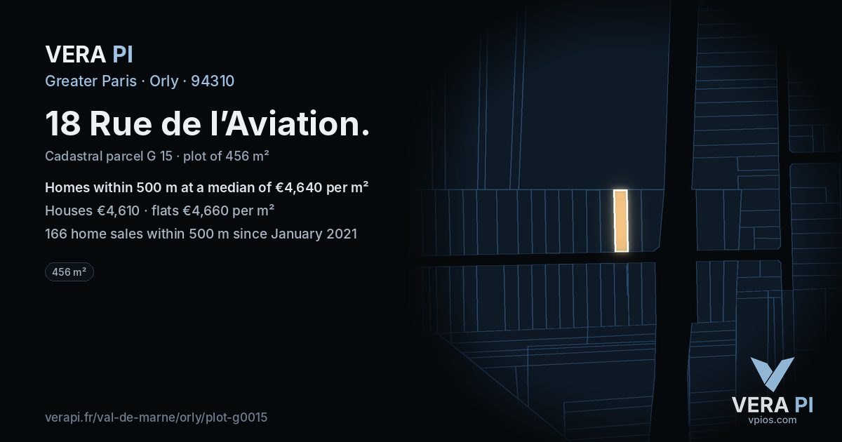 18 Rue de l’Aviation, Orly at night – the plot lit, the parcels around coloured by the prices near them