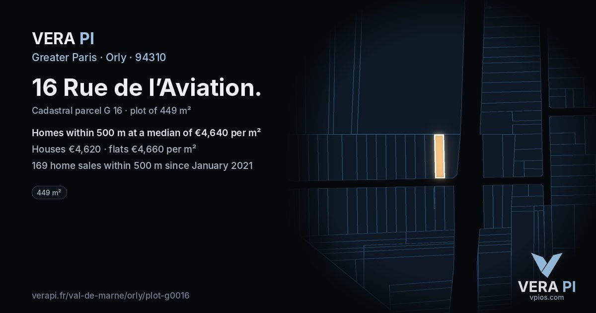 16 Rue de l’Aviation, Orly at night – the plot lit, the parcels around coloured by the prices near them