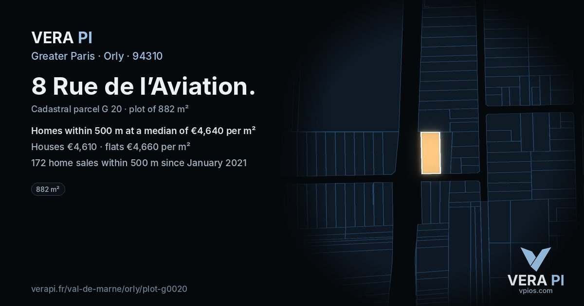 8 Rue de l’Aviation, Orly at night – the plot lit, the parcels around coloured by the prices near them