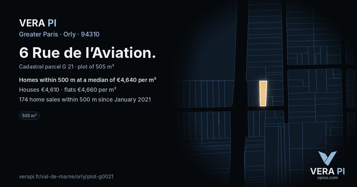 6 Rue de l’Aviation, Orly at night – the plot lit, the parcels around coloured by the prices near them