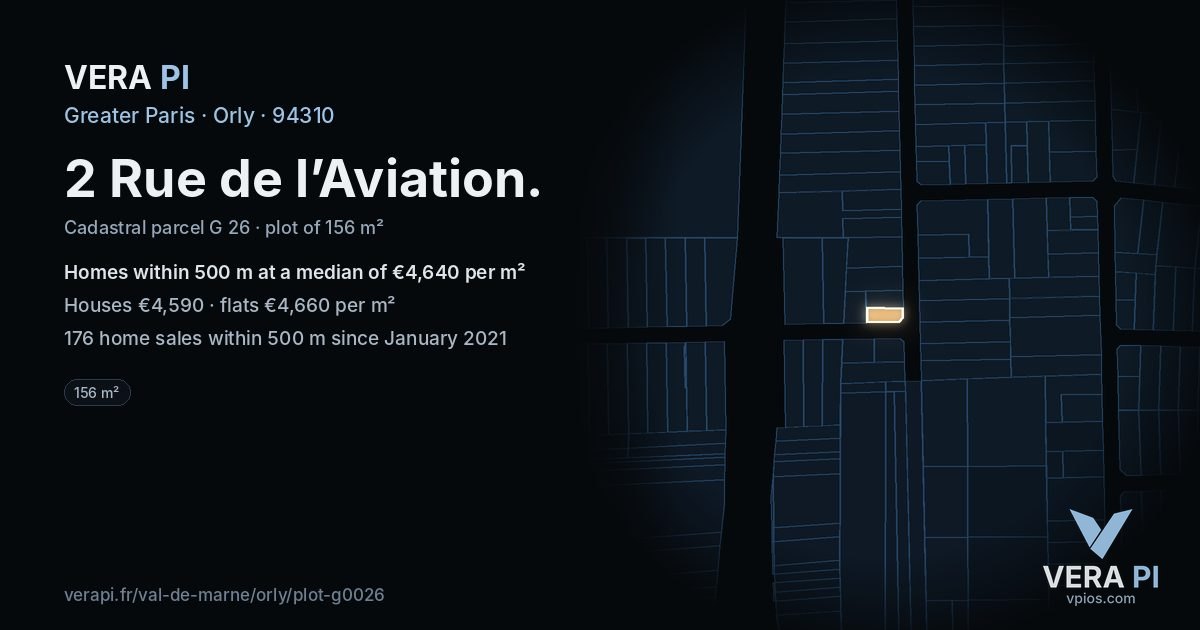 2 Rue de l’Aviation, Orly at night – the plot lit, the parcels around coloured by the prices near them